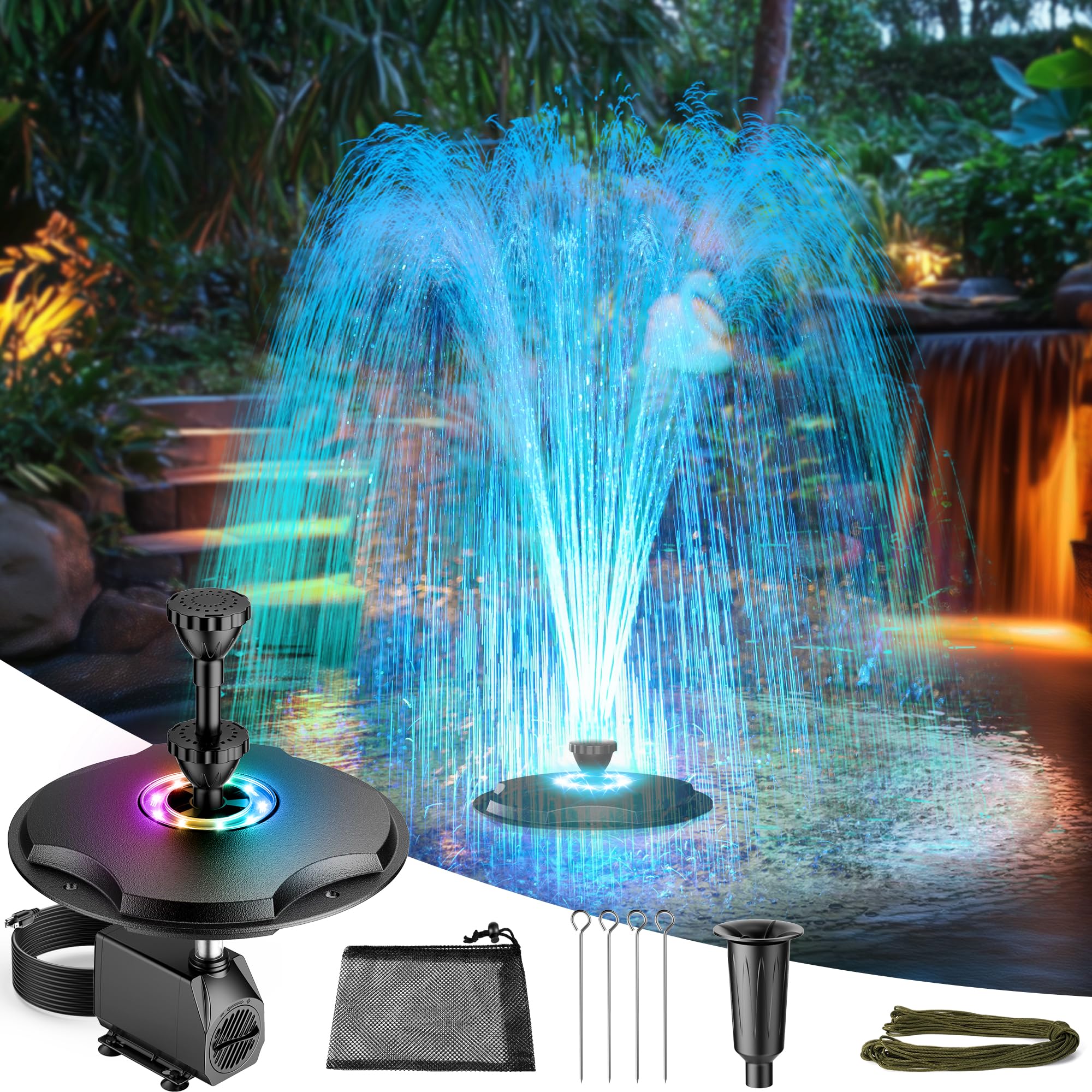 Photo 1 of Antfraer Floating Pond Fountain with LED Lights, 40W 660GPH Pond Pump with 3 Modes Spray, Floating Fountain 27FT Power Cord & 65.6FT Mooring Line for Garden Pond and Waterfall DIY Features