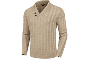 COOFANDY Men's Shawl Collar Pullover Sweater Slim Fit Casual Button Cable Knit Sweaters
