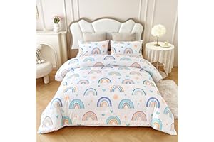 Btargot Lightweight Soft 3 Piece Rainbow Comforter Set with 2 Pillow Covers, Cartoon Love Hearts Suns and Stars Bedding Set for Girls Boys Kids, Twin Blue