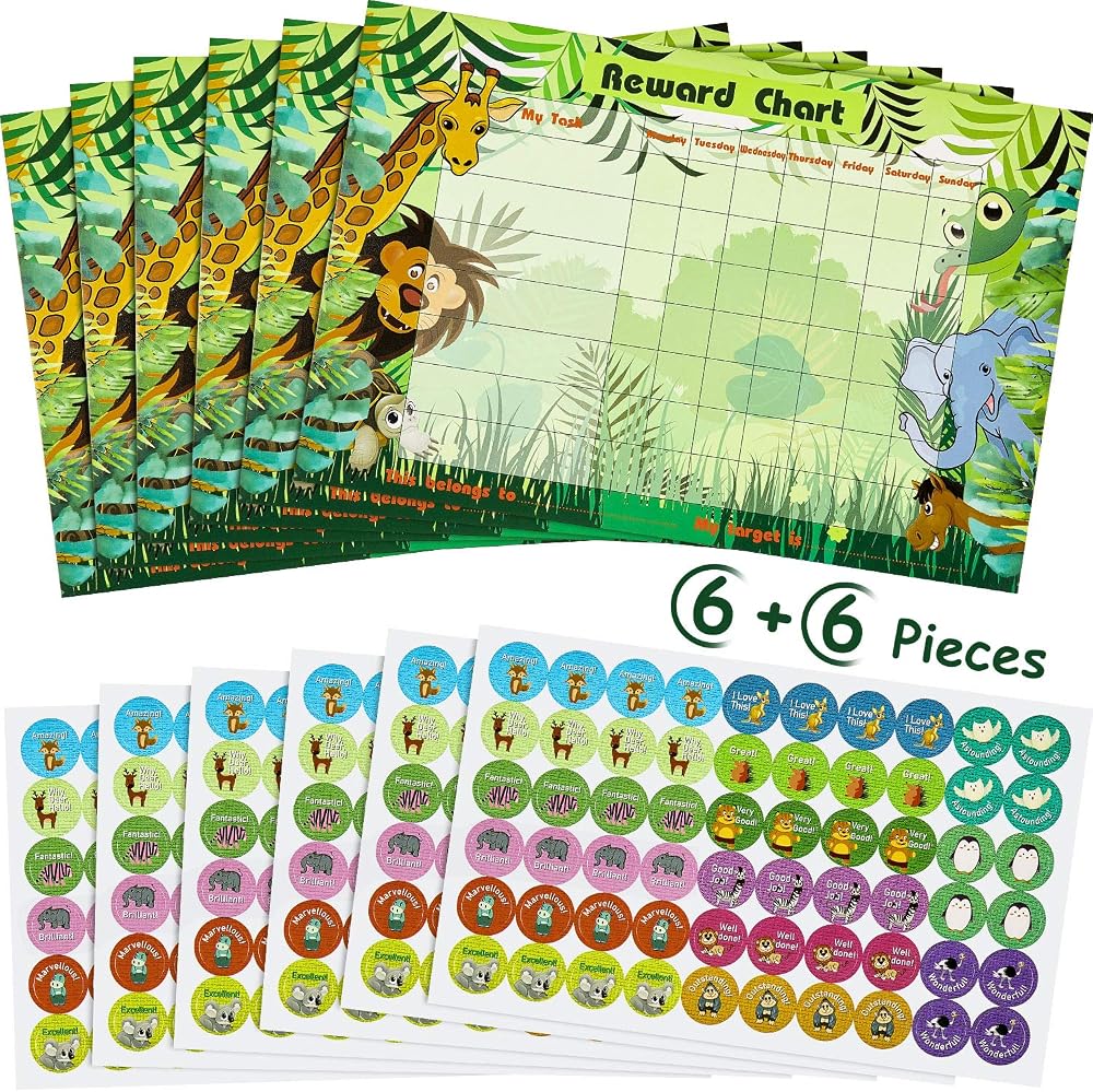 Outus 12pc Jungle Safari Reward Charts & 360 Stickers for Kids Behavior Training