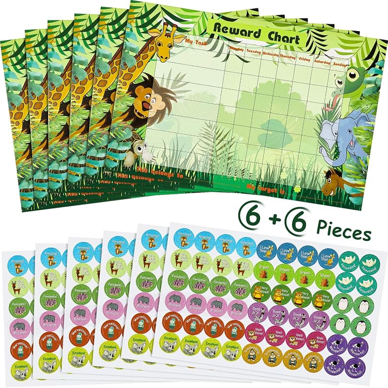 Outus 12pc Jungle Safari Reward Charts & 360 Stickers for Kids Behavior Training