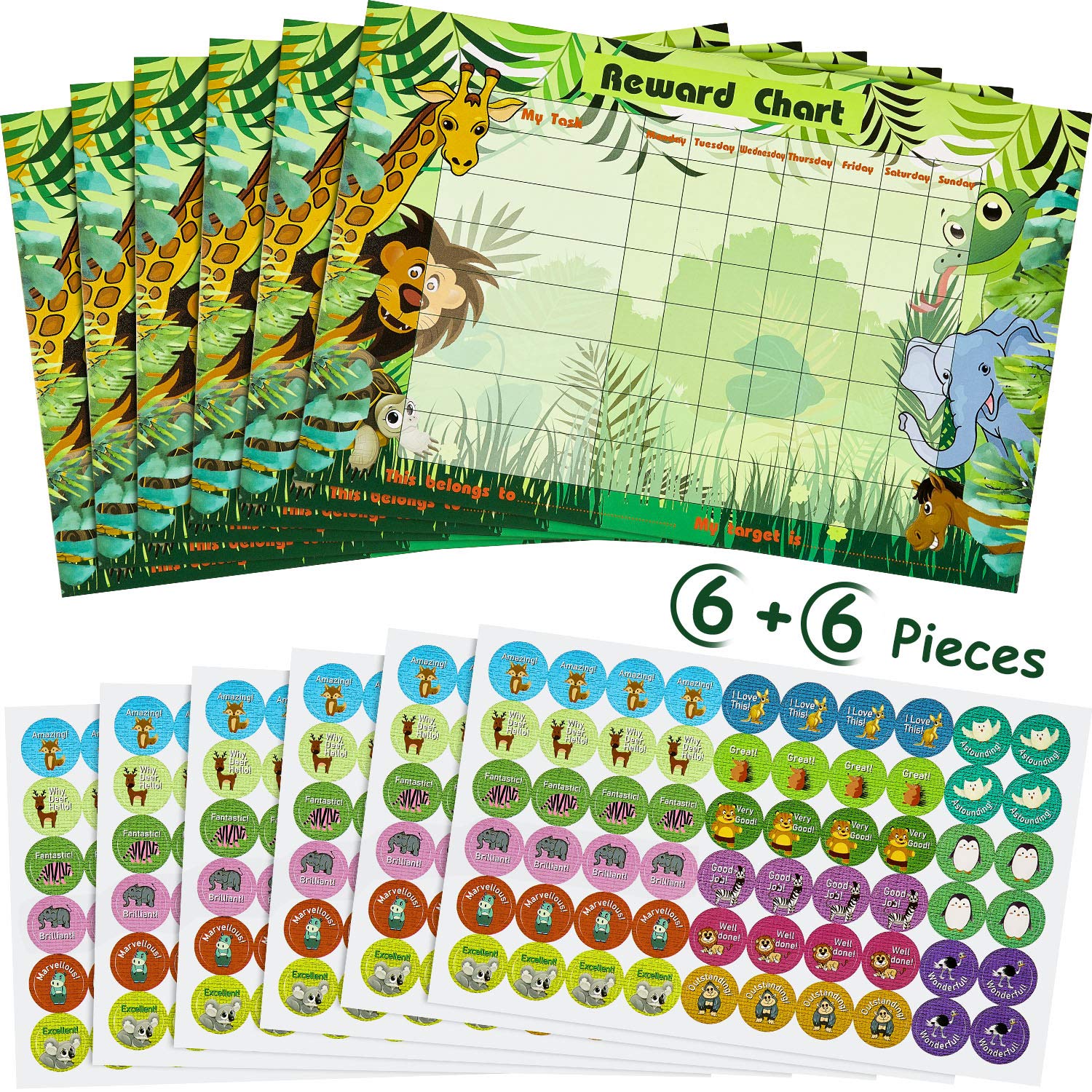 Outus 12 Pieces Reward Charts with Stickers Includes 6 Jungle Animals Charts and 6 Sheets Safari Stickers for Children Behavior Training