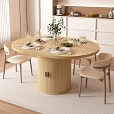 Vipbear Extendable Dining Table 43-59" for 4-6 People, Solid Wood Top with Fluted Slide Door &amp; 8-Compartment Storage, Space Saving Round Dining Room Kitchen Dinner Tables Furniture with Pedestal Base