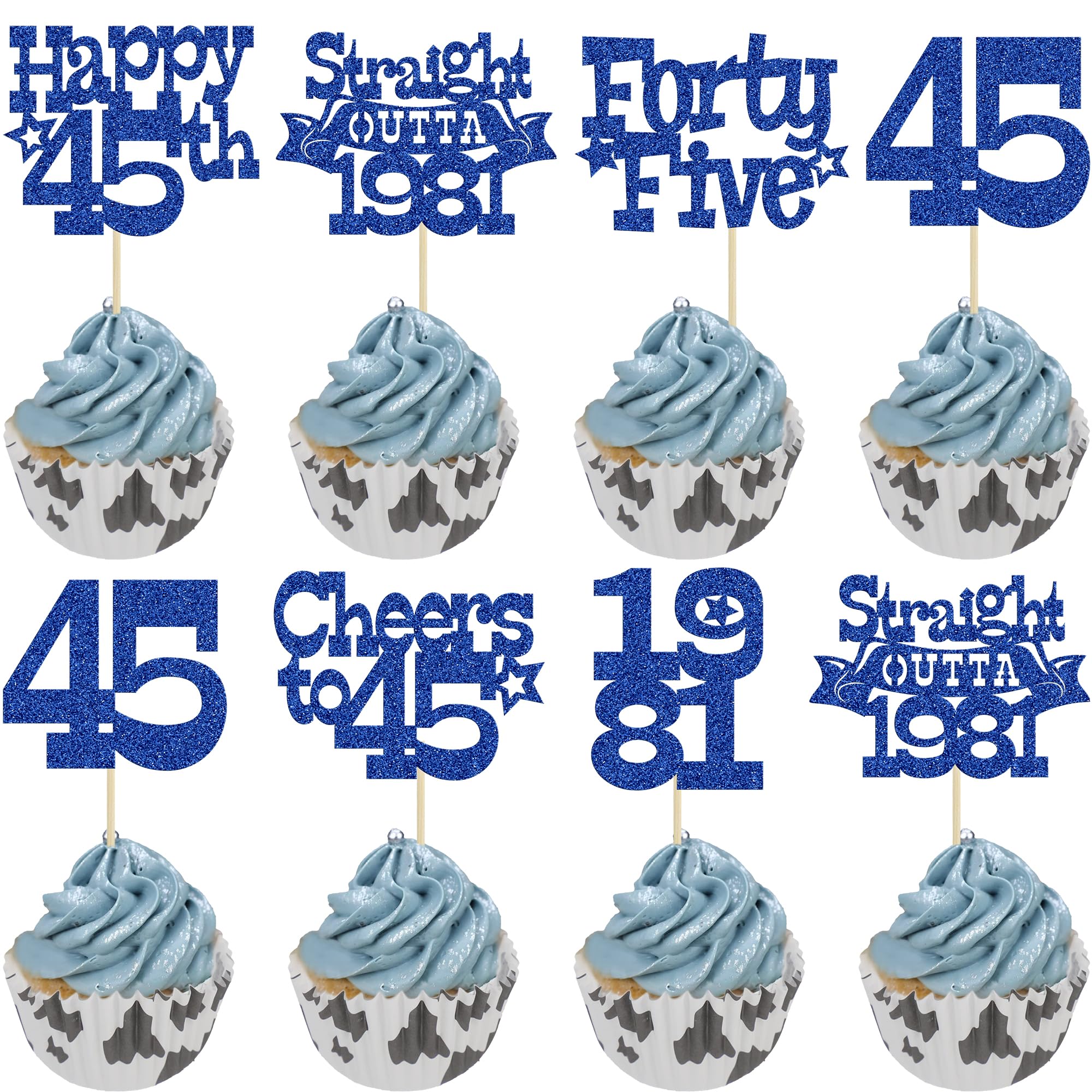 Ephlyn 30Pcs Happy 45th Birthday Cupcake Toppers Glitter Forty Five Straight Outta 1981 Cupcake Picks Cheers to 45 Years Cake Decorations for Happy 45th Birthday Anniversary Party Supplies Blue