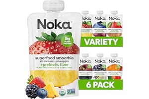 Noka Superfood Fruit Smoothie Pouches Variety Pack, Healthy Snacks with Flax Seed, Plant Protein and Prebiotic Fiber, Vegan and Gluten Free Snacks, Made in USA, Organic Squeeze Pouch, 4.22 oz, 6 Count