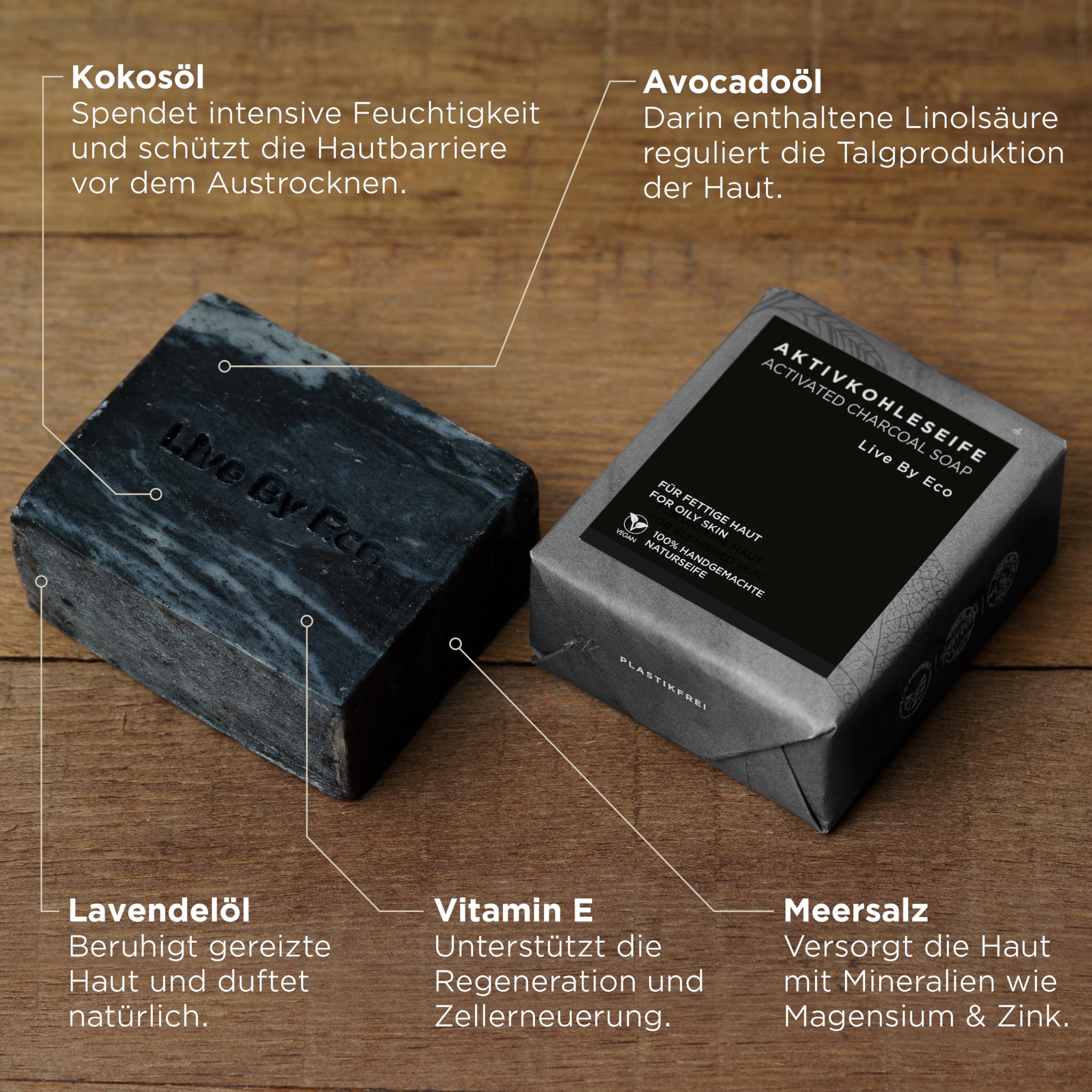 Live By Eco Schwarze Seife - Aktivkohle Seife gegen fettige Haut - Kohlen Seife als Porenreiniger - entgiftende feste Seife - Black Bar Soap handgemachte Naturseife - Gesichtsreinigung vegan - 100g 5