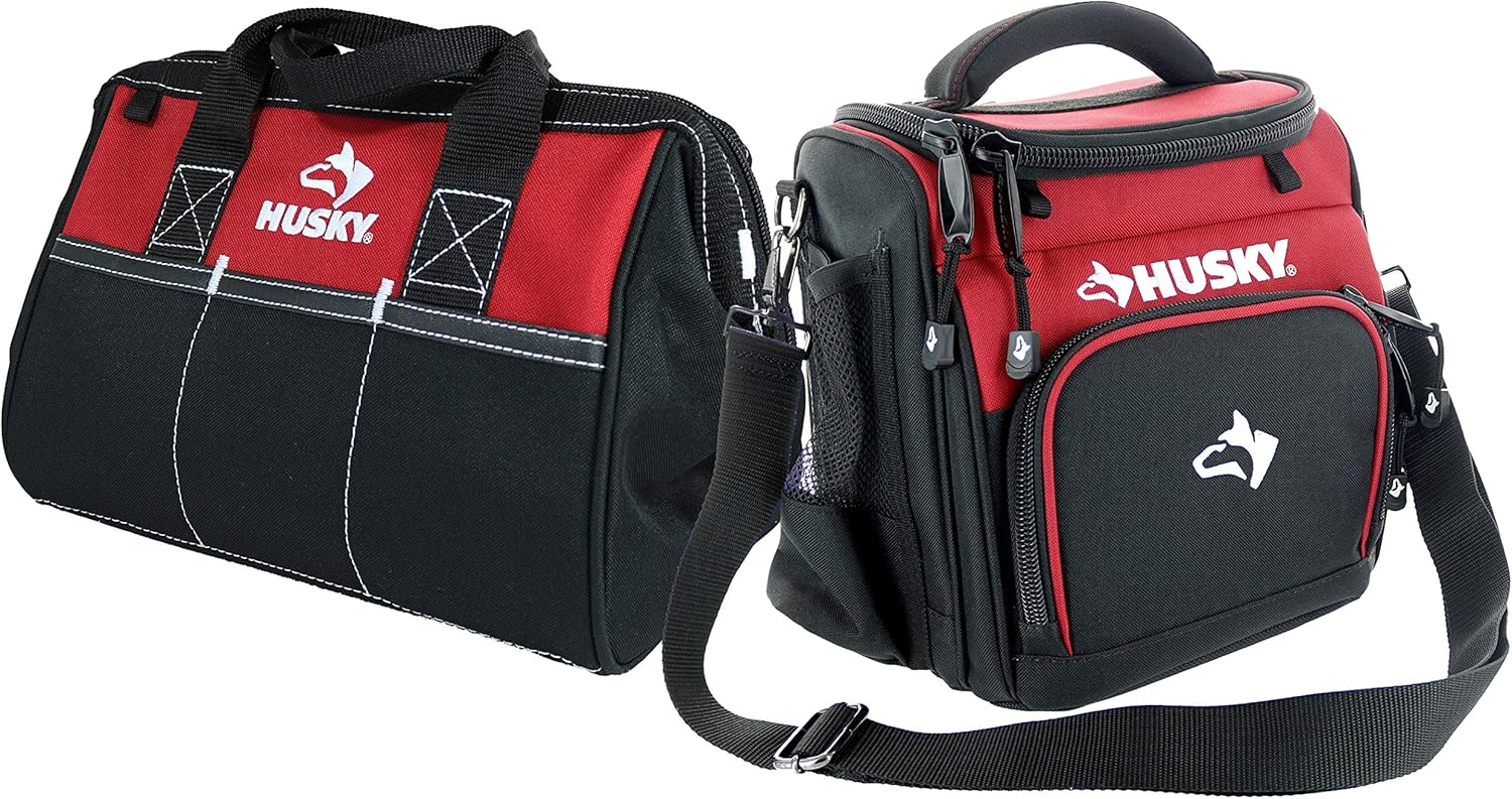 Husky 82021N11 9 600 Denier Water and Weather Resistant Insulated Cooler with 2 Mesh Sleeves and Carrying Strap Bundled with Husky 12 Contractor’s Multi-Purpose Water-Resistant Tool Bag - 2 Items
