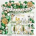 Wild One Birthday Decoration Safari Jungle Theme First Birthday Decoration for Boy Girl One Year Old Birthday Party Supplies Wild One Backdrop Safari Tablecloth Sage Green Balloon Arch Balloon Blocks