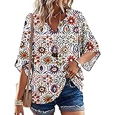 LOMON Women's 3/4 Length Sleeve Boho Tops V Neck Casual Vacation Clothes Loose Fit Tunic Shirts S-3XL