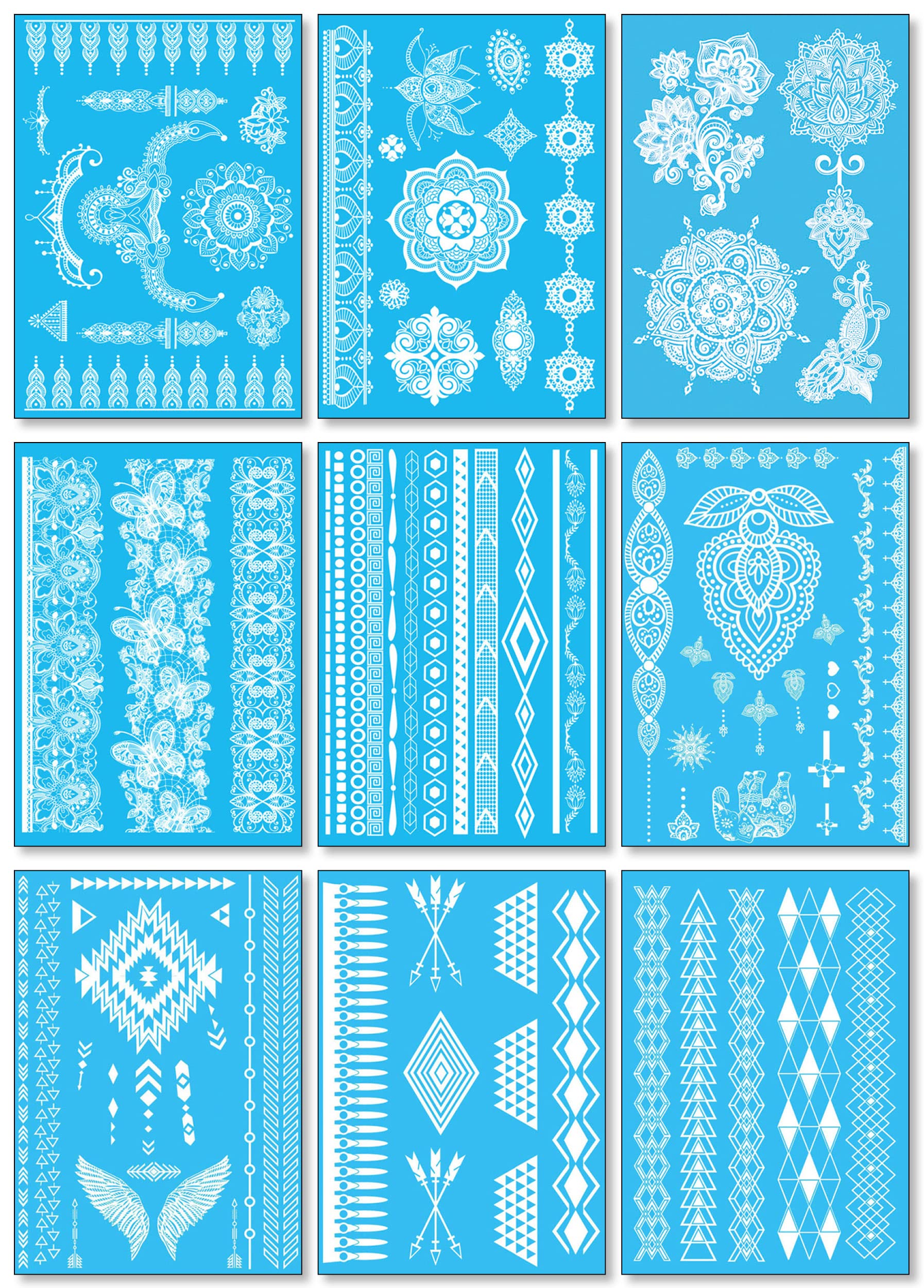 White Lace Temporary Tattoos for Women Teens Girls - 9 Sheets White Fake Lace Stickers - Bride Wedding Tattoo Designs Jewellry Tattoos - 100+ White Flash Realistic Waterproof Transfer