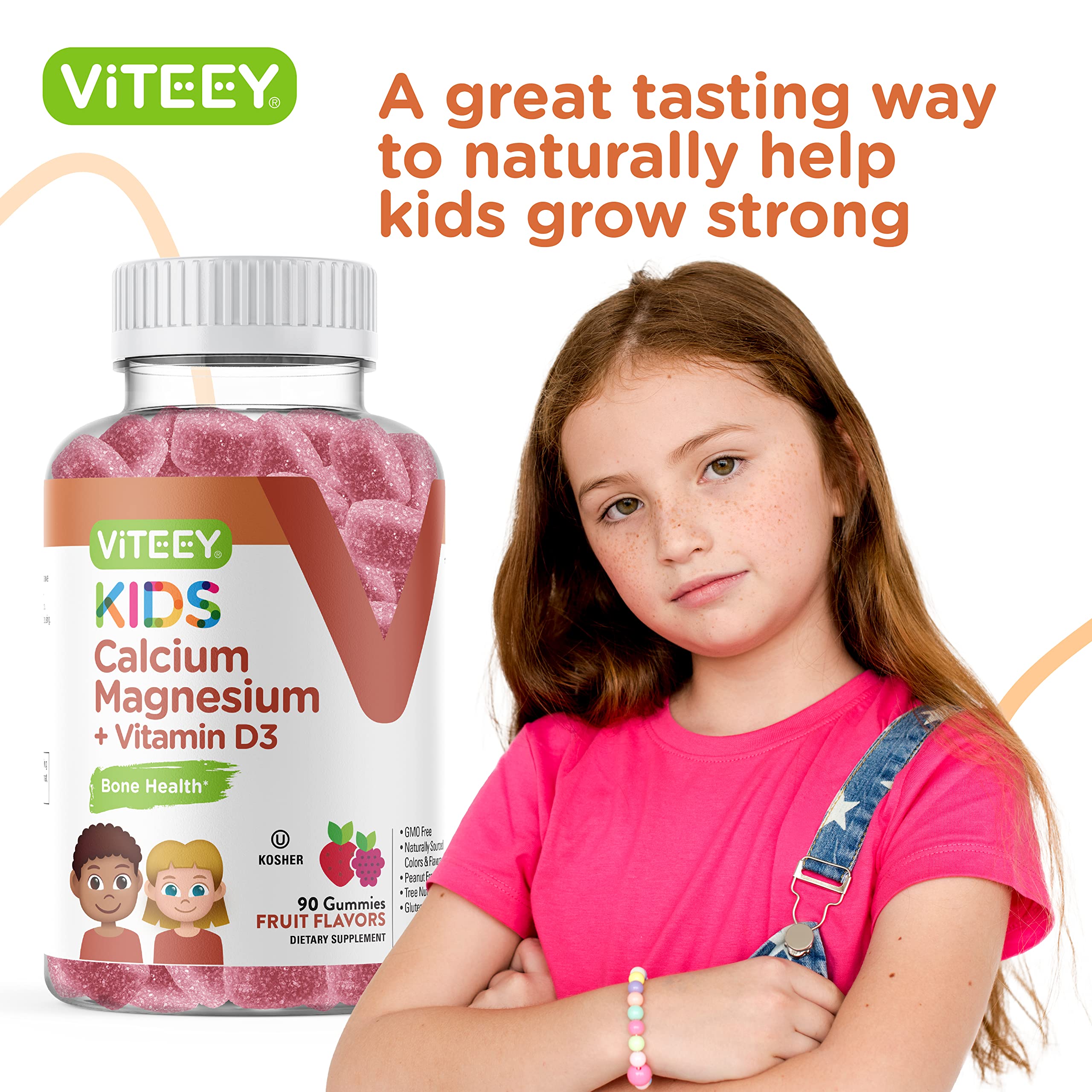 Viteey Kids Calcium Gummies + Vitamin D3 & Magnesium Citrate for Kids and Teens - Supports Bone Health, Immune Support, Energy & Muscle Function - Gluten Free,GMO Free - Tasty Chewable Fruit Flavored