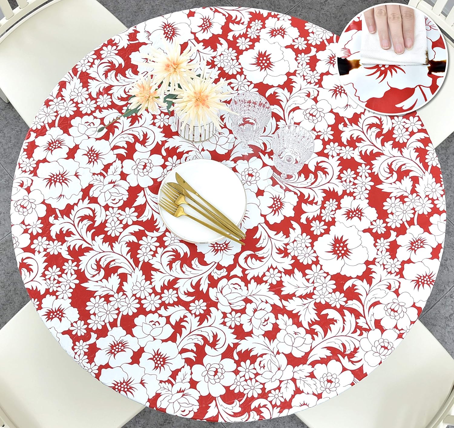 Rally Home Goods Indoor Outdoor Patio Round Fitted Vinyl Tablecloth, Flannel Backing, Elastic Edge, Waterproof Wipeable Plastic Cover, Floral Red Christmas Pattern for 5-Seat Table of 36-42’’ Diameter: Home & Kitchen