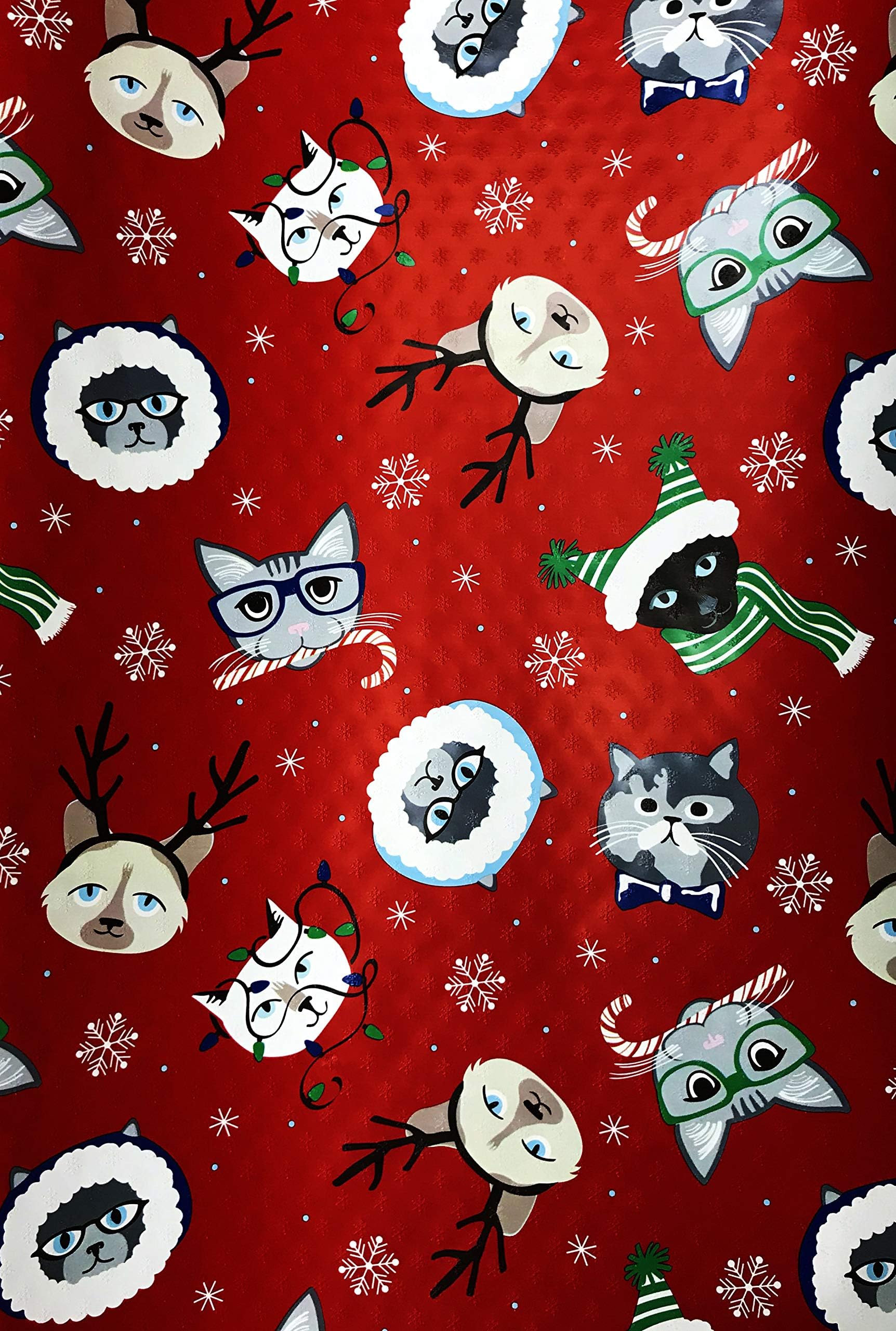 Festive Multi Cat Breeds Adorning Winter Attire & Reindeer Antlers Textured Christmas Holiday Gift Wrapping Paper 30" x 12'