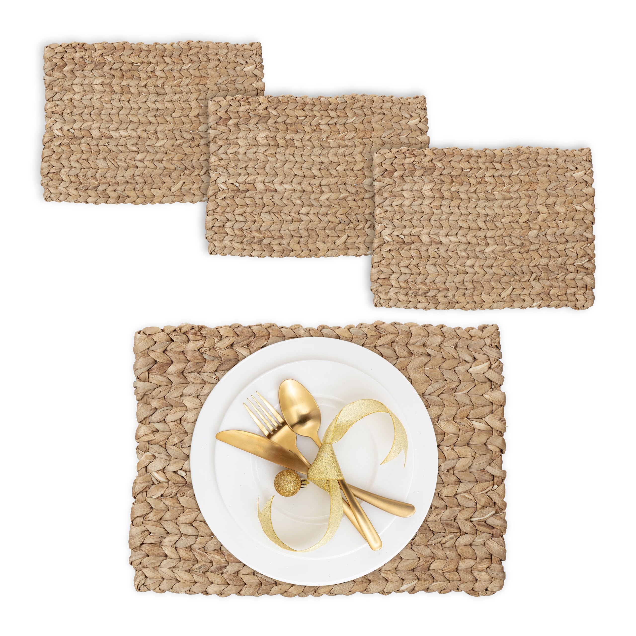 Relaxdays Place Mat Set, 4x Coaster, Decorative Table Protector, Rectangular, W x D: 42 x 30 cm, Water Hyacinth, Natural, Plant fibre, 1.5 x 42 x 30 cm