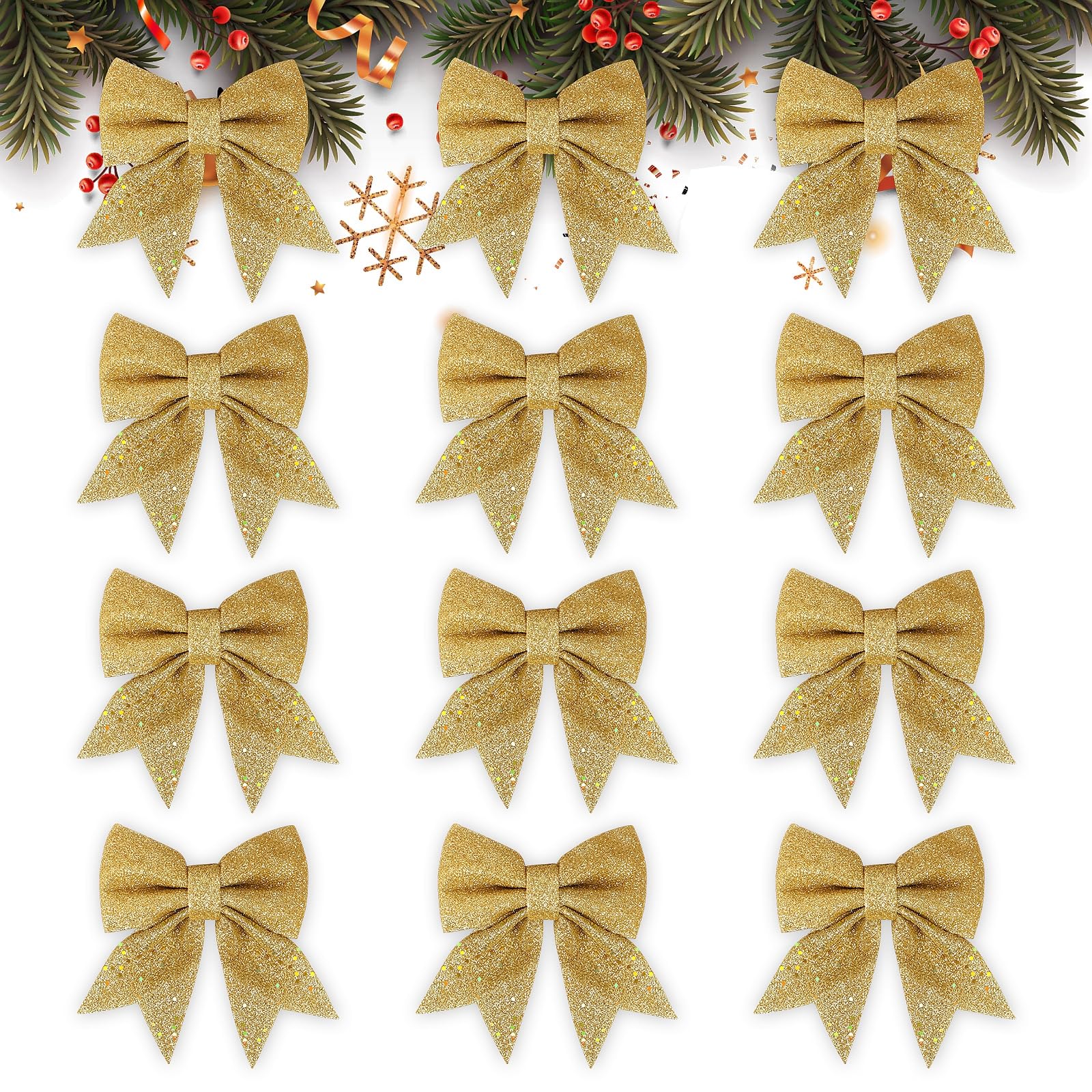 GXFCING 12 Pack Gold Christmas Bows for Christmas Tree 6 x 5 Inch Glitter Christmas Tree Bows Wreaths Bows Gold Sequin Bow Ties Christmas Xmas Tree Decorations