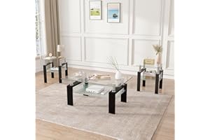 FOUREA 3 Piece Living Room Table Set, Glass Coffee Table Set of 3, Coffee Table Set with Tempered Glass & Metal Legs for Livingroom Table, Bedroom Nightstand. (Style 1, Clear Glass+Black Leg)