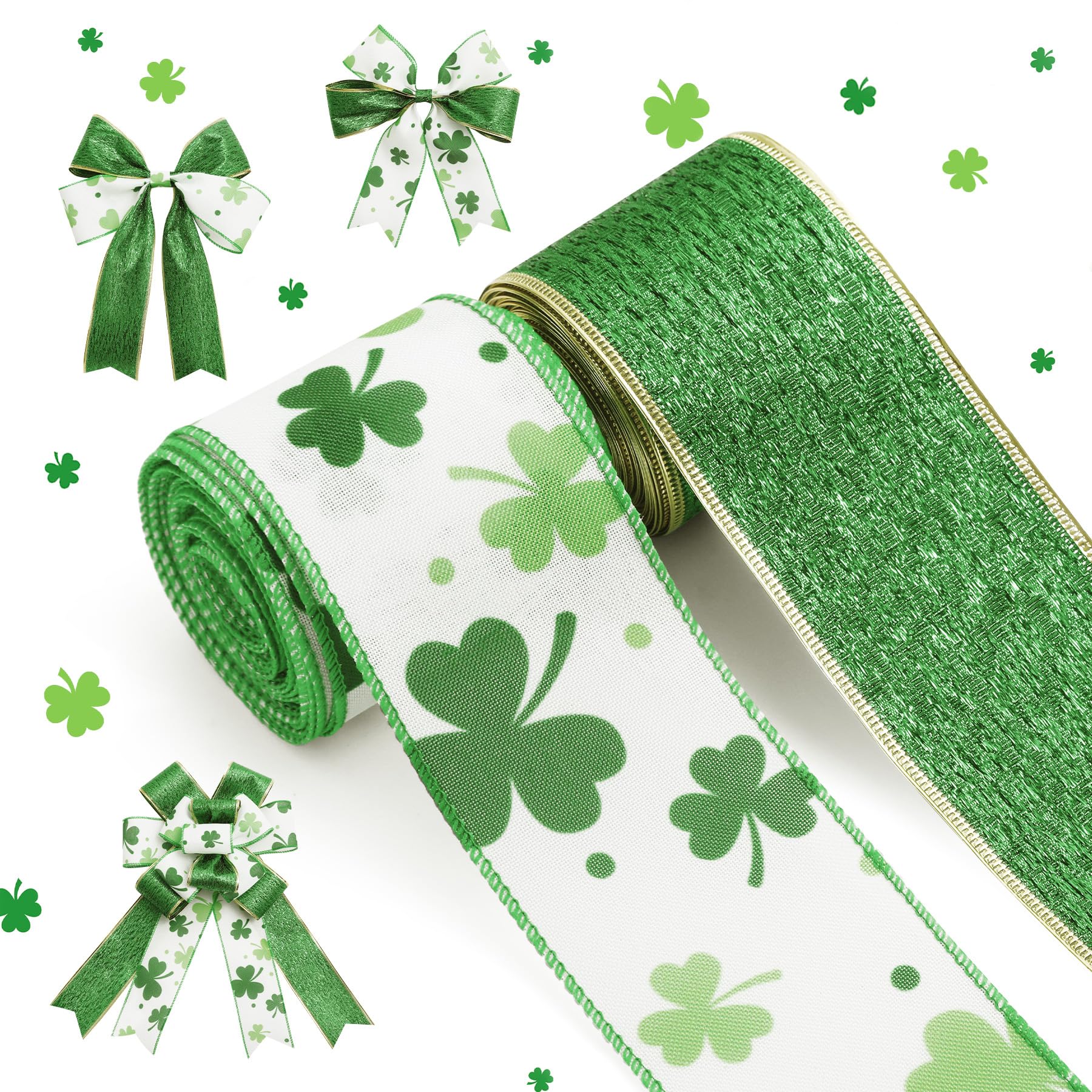 Photo 1 of 20 Yard St. Patrick's Day Wired Edge Ribbons Craft Irish-Themed Shamrock Ribbon for March Celebration, Shelf Display, Fireplace, Wall Decor