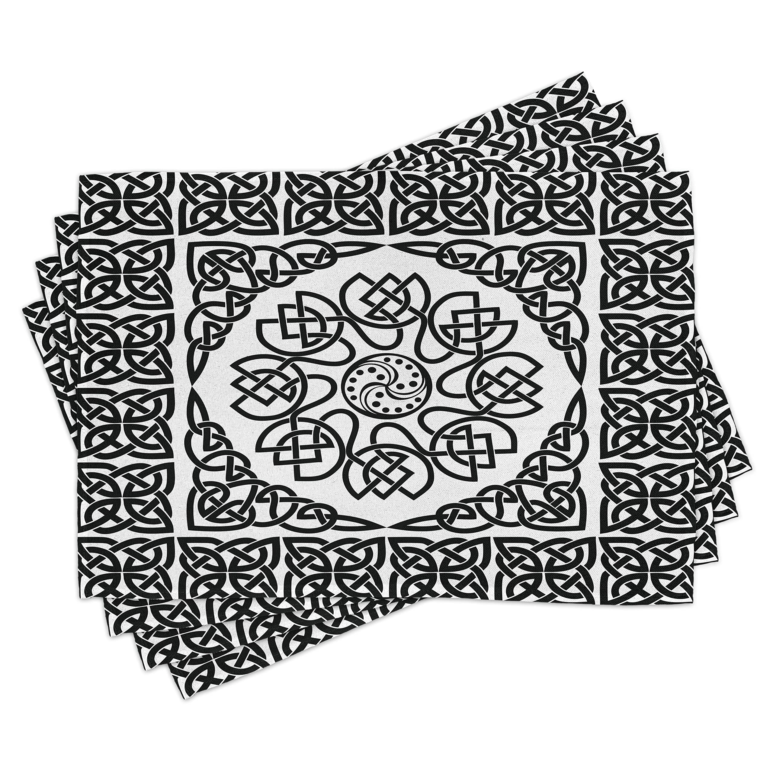 ABAKUHAUS Celtic Placemats, Filigree Abstract Knot, Washable Fabric Dining Room Kitchen Table Decoration Digital Print, Black and White
