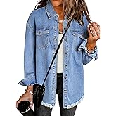 luvamia Denim Jacket for Women Oversized Button Down Casual Jean Shacket Jackets Long Sleeve Frayed Hem Western Trendy
