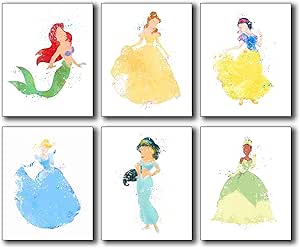 Amazon Com Disney Princess Watercolor Wall Art Poster Prints Set Of 6 8 Inches X 10 Inches Photos Ariel Belle Snow White Cinderella Jasmine And Tiana Posters Prints