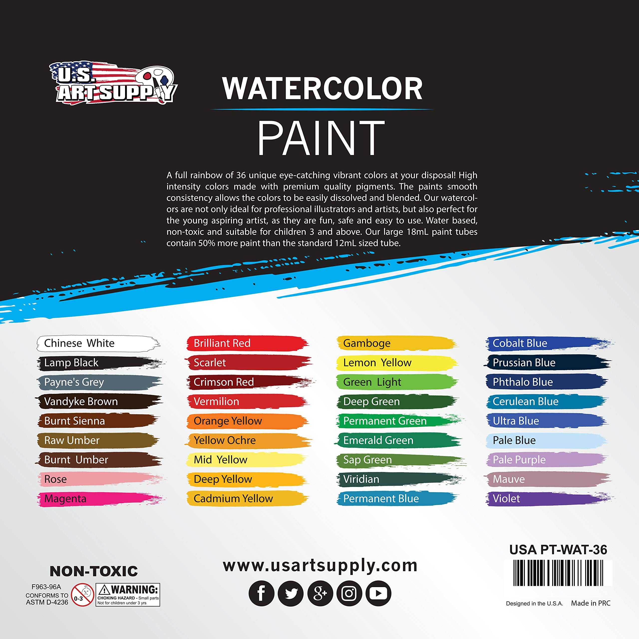 U.S. Art Supply 36 Color Watercolor Paint Set – Professional Watercolor Paint Set for Artists & Beginners, Watercolor Paint Tubes (18ml) – Water Colors Paint Adult Set for Canvas & Portraits