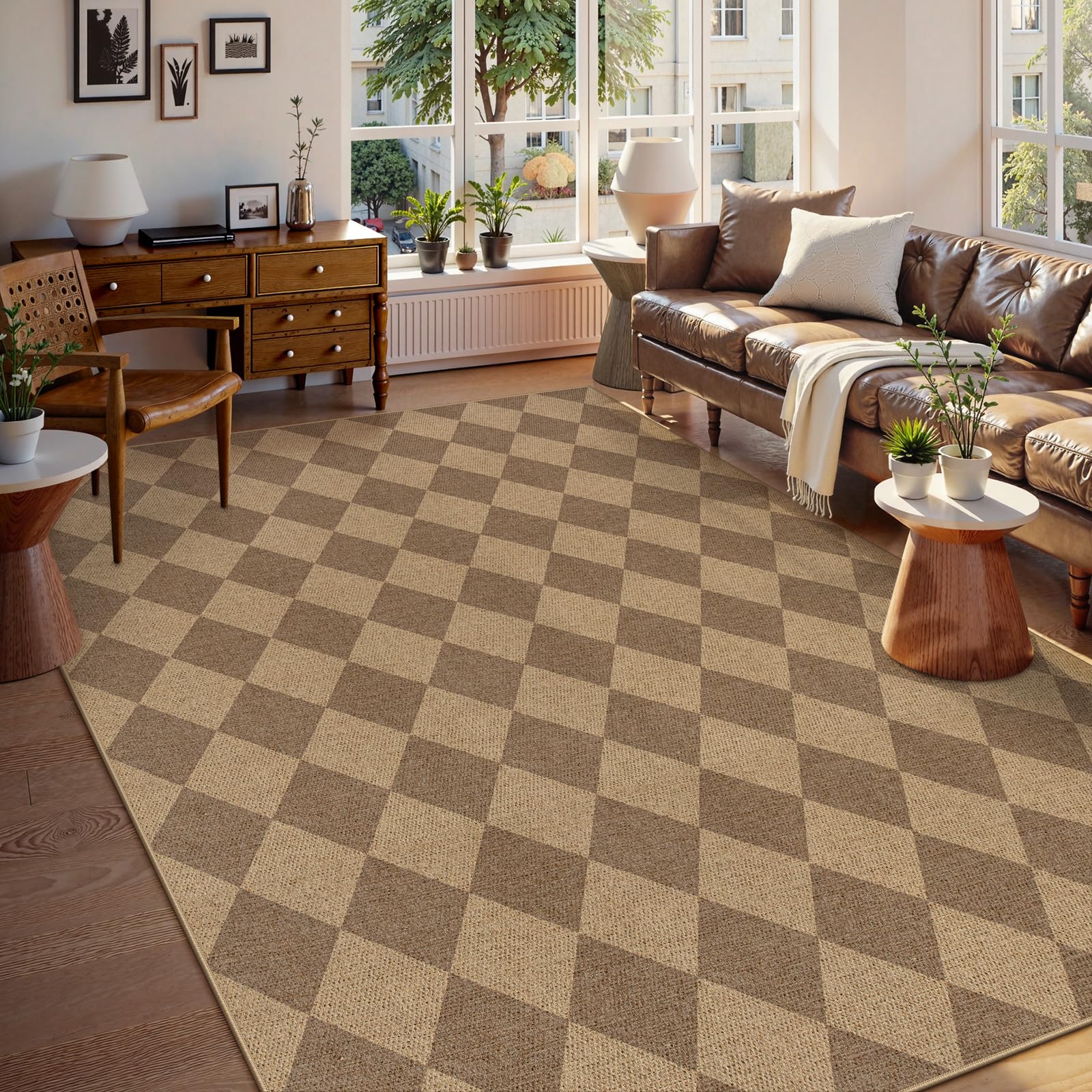 Photo 1 of Lahome Colette Checkered Easy Jute Rug 8x10, Washable Rugs for Living Room Dining Room Farmhouse Indoor Outdoor Mat, Neutral Checkerboard Non Slip Black Carpet for Office Backyard Patio