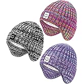 Alepo 3 Pack Baby Beanie Hats with Earflaps, 2 Size Baby Winter Hat for Toddler Kids, Fleece Lined Knit Hat for Girls Boys