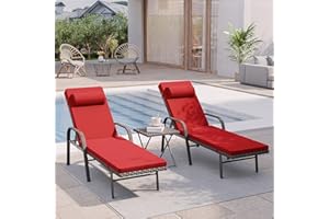 RTDTD 3 Pieces Patio Chaise Lounge Set Outdoor PE Rattan Armrest Lounge Chair Adjustable Backrest Reclining Chair with Folding Table and Cushion for Patio Poolside Backyard Porch Beach(Red)