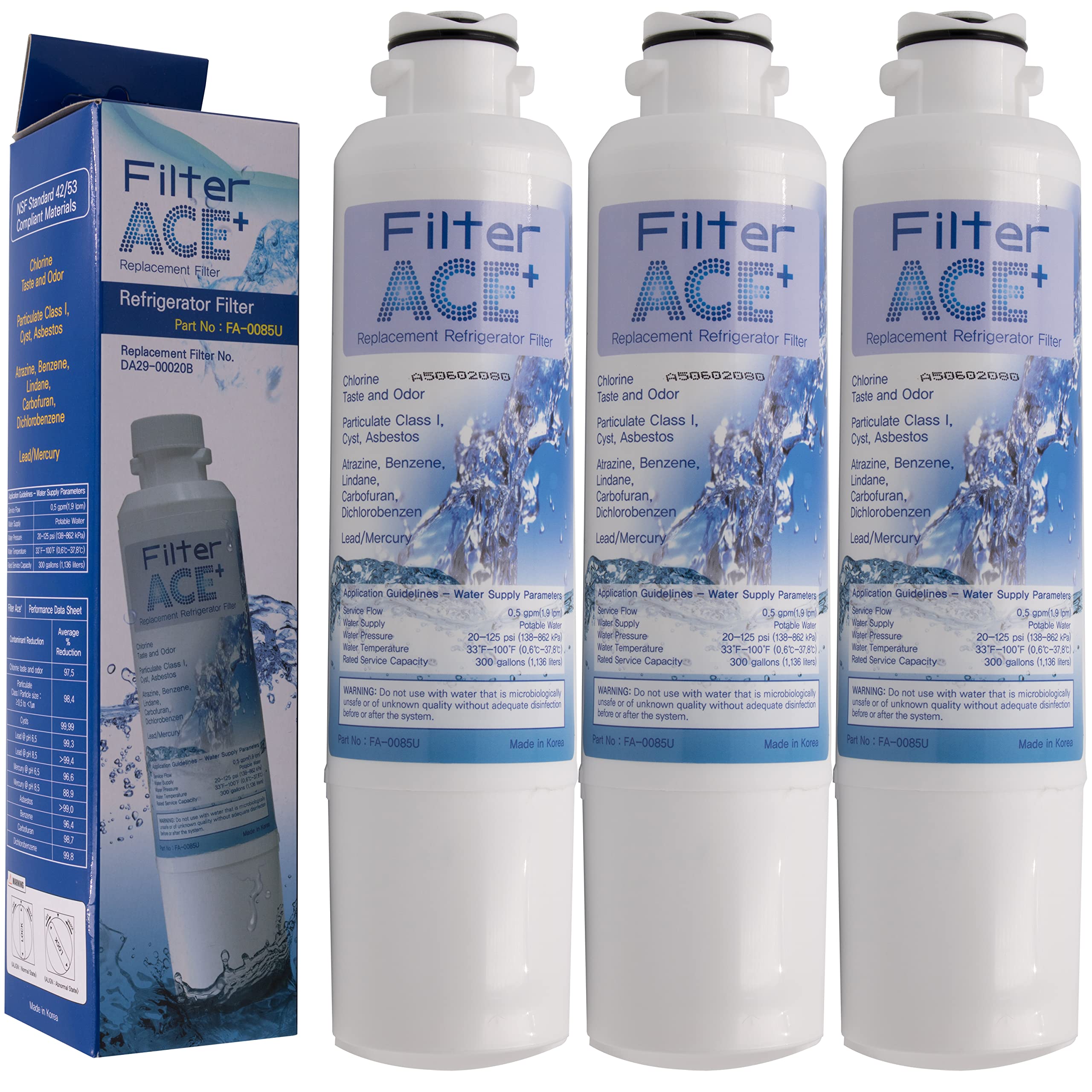 ACE+ FA-0085U | 3-Pack Water Filter Compatible with Samsung DA29-00020B, HAF-CIN/EXP, HAF-CIN, DA97-08006A-B, DA97-08006A-E Fridge Filter Cartridge for Side by Side Refrigerator