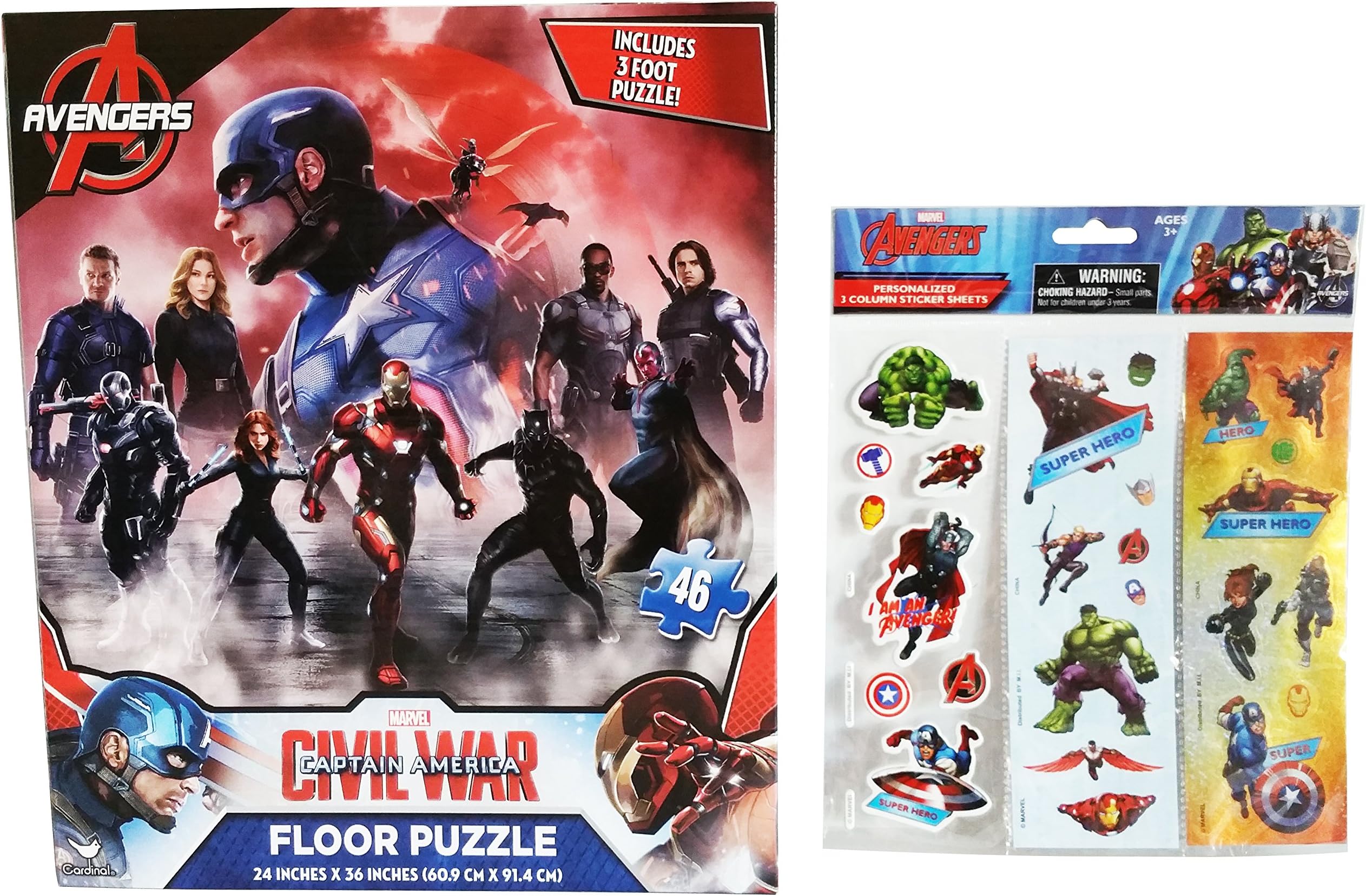 3-Foot Licensed Marvel 46 Piece Civil War Captain America Avengers - Captain America Floor Puzzle Activity 24" X 36" and Personalized Avengers Stickers (2 Item Bundle)