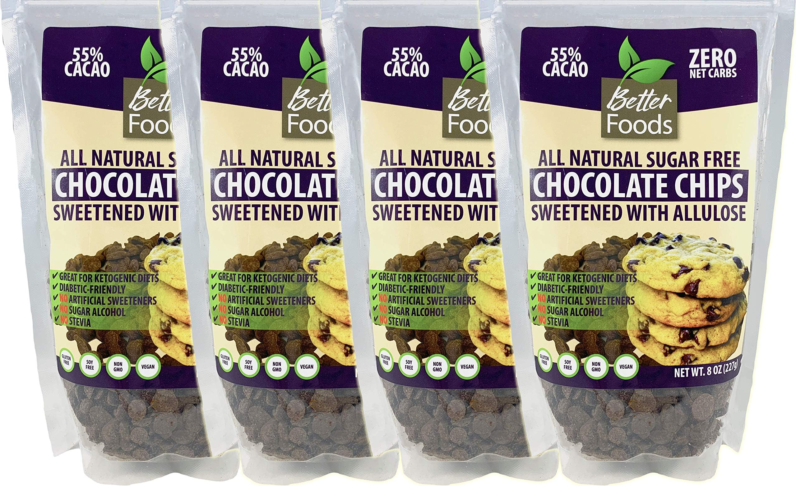 Sugar Free Chocolate Chips Sweetened With Allulose (Keto, Zero Net Carbs, Great for Diabetics, No Artificial Sweeteners, No Sugar Alcohol, No Stevia, Gluten Free, Soy Free, Vegan, Non-GMO) (4 Pack)
