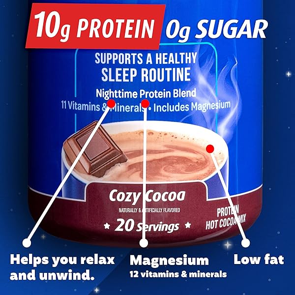 PREMIER PROTEIN GOOD NIGHT PROTEIN POWDER, HOT COCOA MIX, 10G PROTEIN, 0G SUGAR, 11 VITAMINS & MINERALS, NIGHTTIME PROTEIN BLEND, MAGNESIUM, ZINC, 20 SERVE, 1 TUB