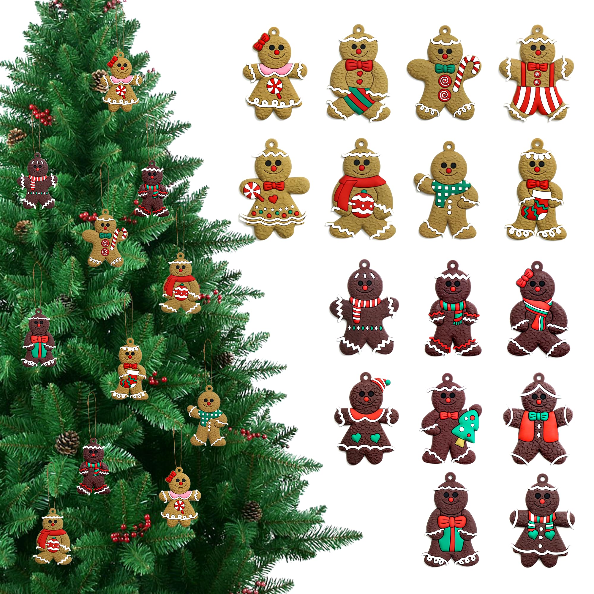 Christmas Decorations - 16-Piece Gingerbread Man Ornaments for Christmas Tree Set with Gift Box, 3 Inch Assorted Hanging Decor for Christmas Tree, Indoor Home, Office & Holiday Party Decoration
