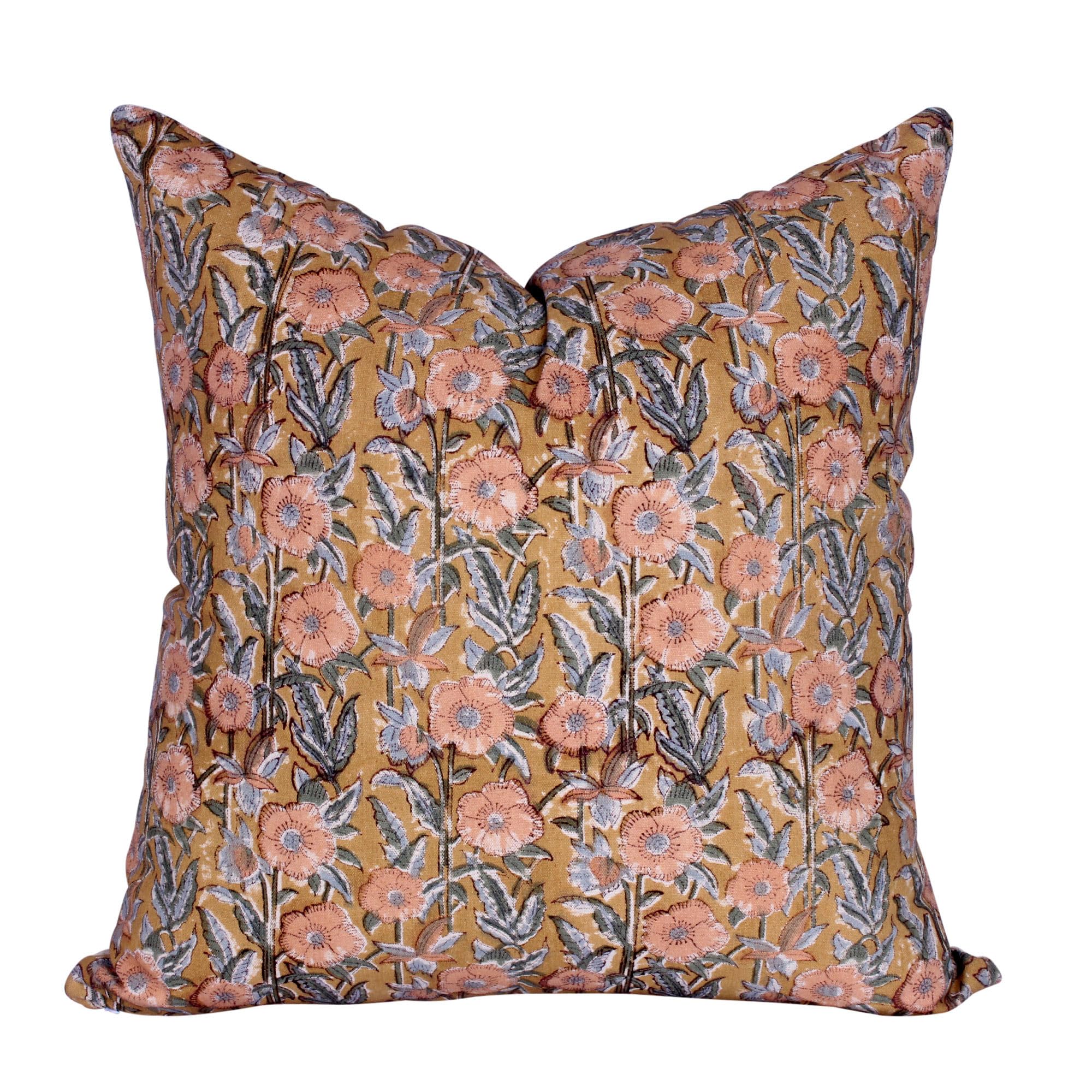 THE Unltd India Orange Floral Cushion Cover | 55x55 cm (22x22 Inch) Square Throw Pillow Case | Hand Block Printed Duck Canvas | Vintage Fall Farmhouse Decor for Sofa & Bed