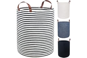 Twira Extra Large 20x16 Inches Cotton Rope Basket, Woven Baby Laundry Blanket Basket with Leather Handle Toy Basket Storage Baskets Bin for Yoga Mat & Towel (Black Strips）