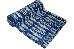 V Vedant Designs Indian Handmade Twin Cotton Kantha Quilt Throw Blanket Bespread Indigo Fish Designs Blue Color 90x60 Inch