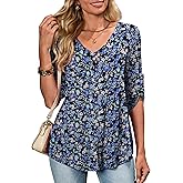 OIDUICOULD Women's Plus Size 3/4 Roll Sleeve Tops V Neck Casual Soft Blouse M-4X
