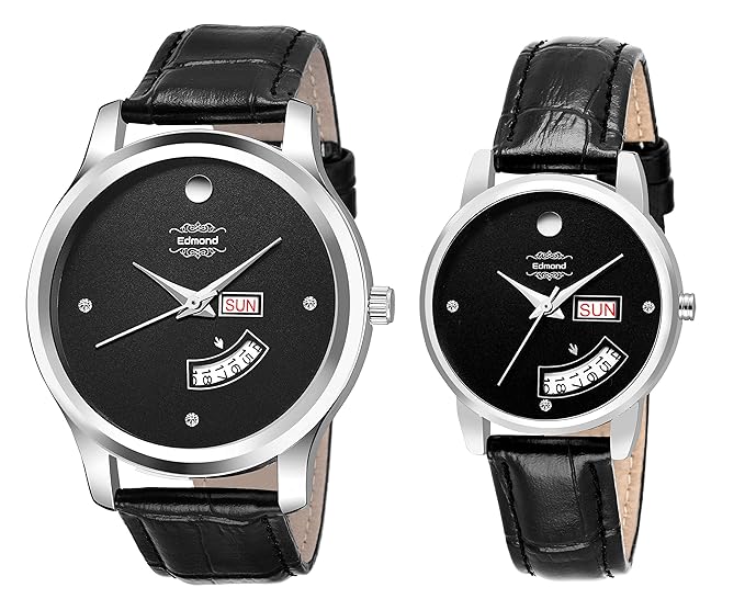 Day and Date Display Analog Couple Watch Black ED-067
