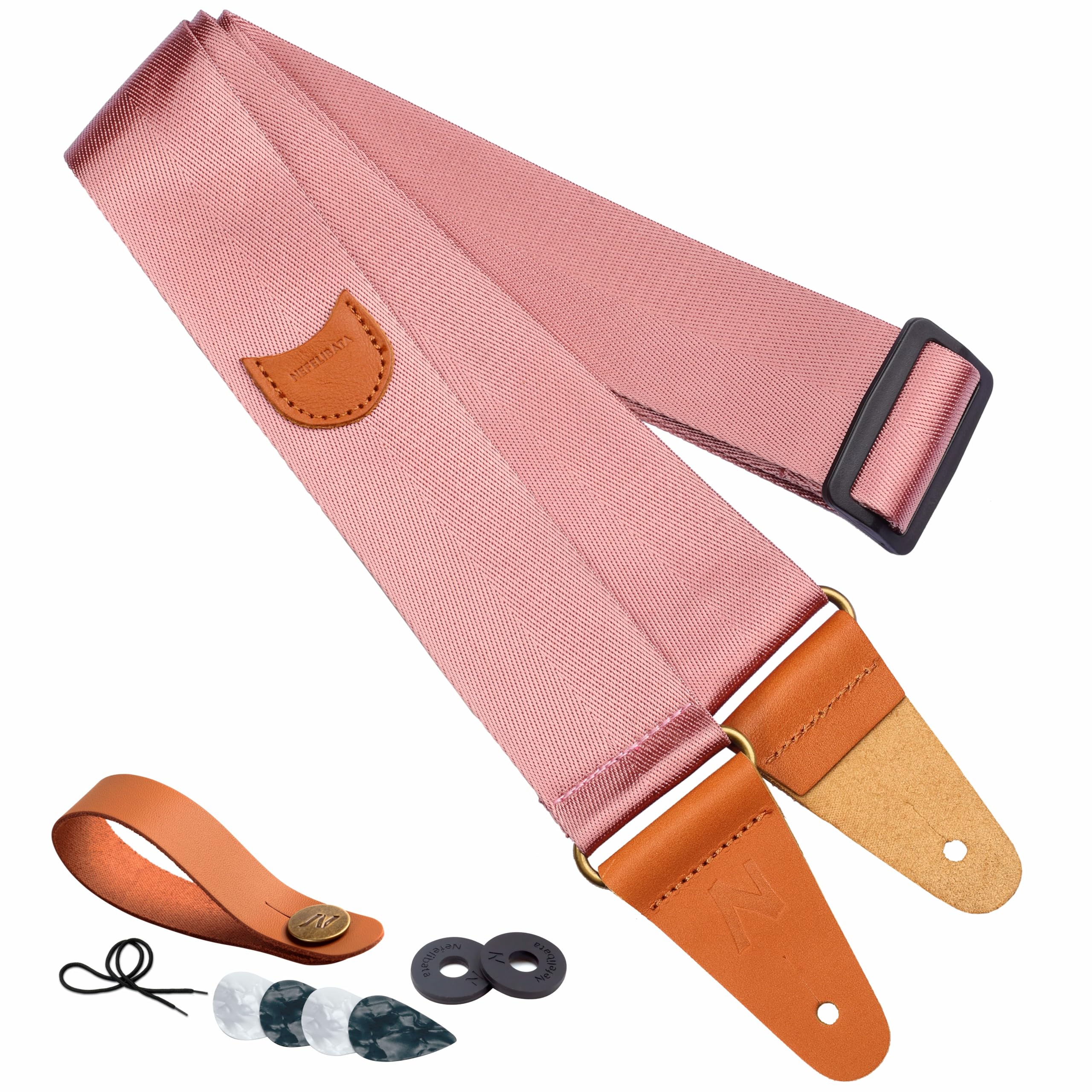 Nefelibata Guitar Strap, Vintage Nylon Full Grain Leather Ends Straps with Pick Pocket for Bass, Electric & Acoustic Guitar, Come Free Strap Button, 1 Pair Locks and 4 Picks (Rose Gold)