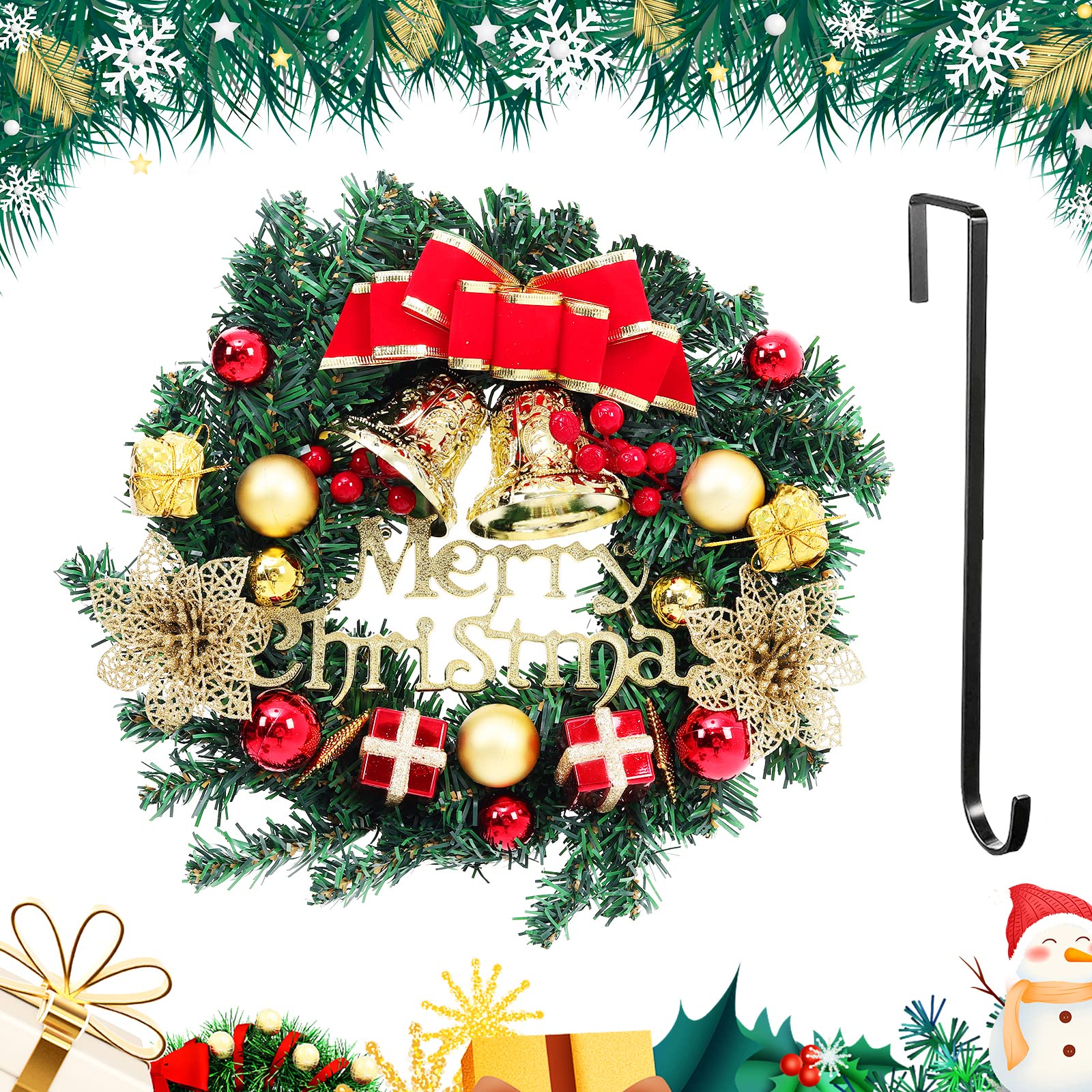 Warmiehomy Christmas Wreath Door Wreath with Hanger 30cm,Christmas Decoration Wreath Garland with Christmas Balls Jingle Bells for Front Door Xmas New Year Home Holiday Party Decor
