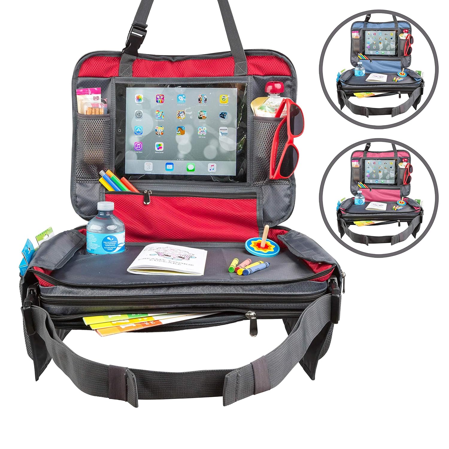 Be Family Travel Kids Car Seat Toddler Travel Tray With Unique Fold In No Need To Unload Again Side Pockets With Zipper Red Lap Play Snack Tray