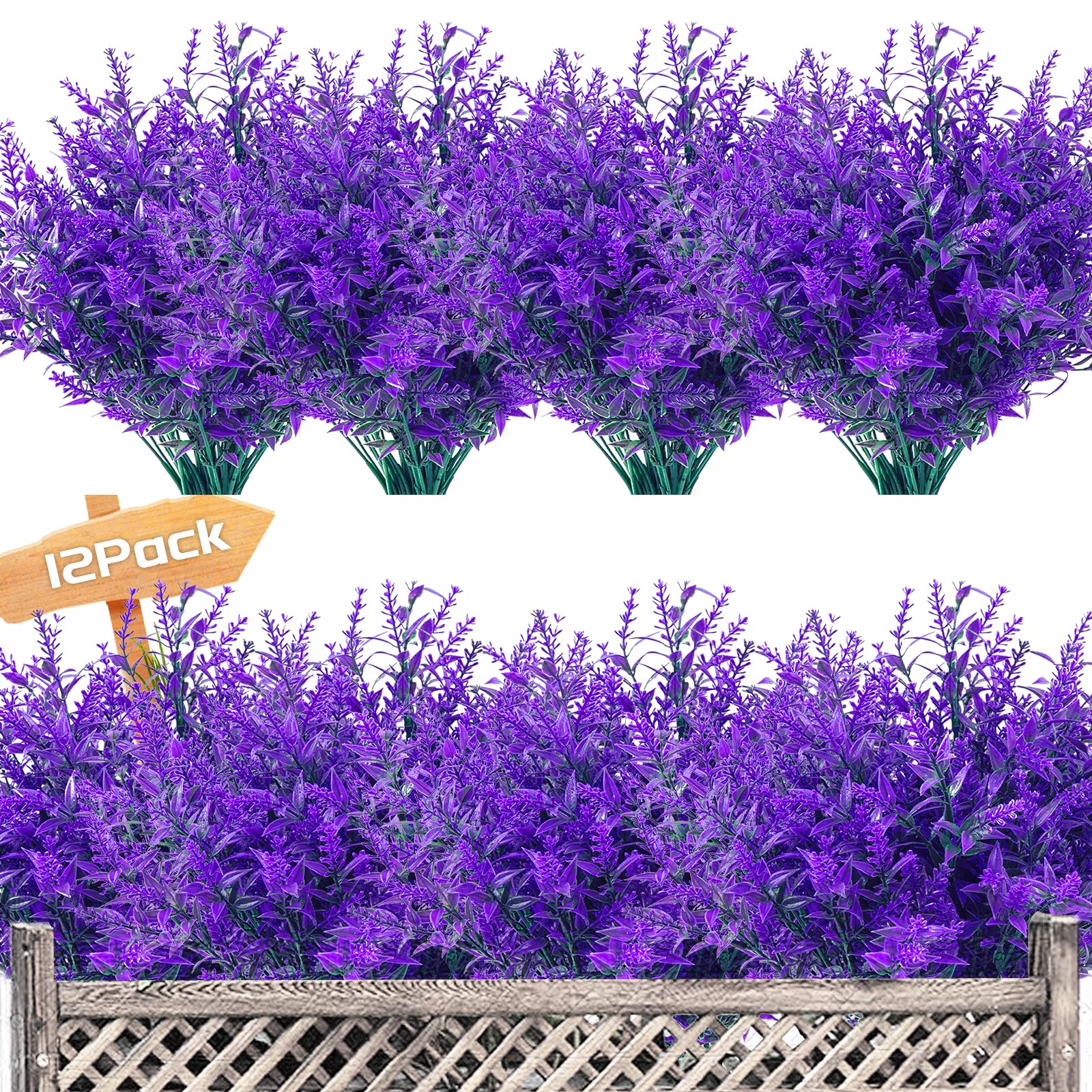 Garlag 12 Bundles Artificial Lavender UV Resistant Plants Outdoor Faux Flowers Shrubs for Floral Arrangement, Indoor Outside Hanging Garden Home Wedding Farmhouse Decor (Purple)