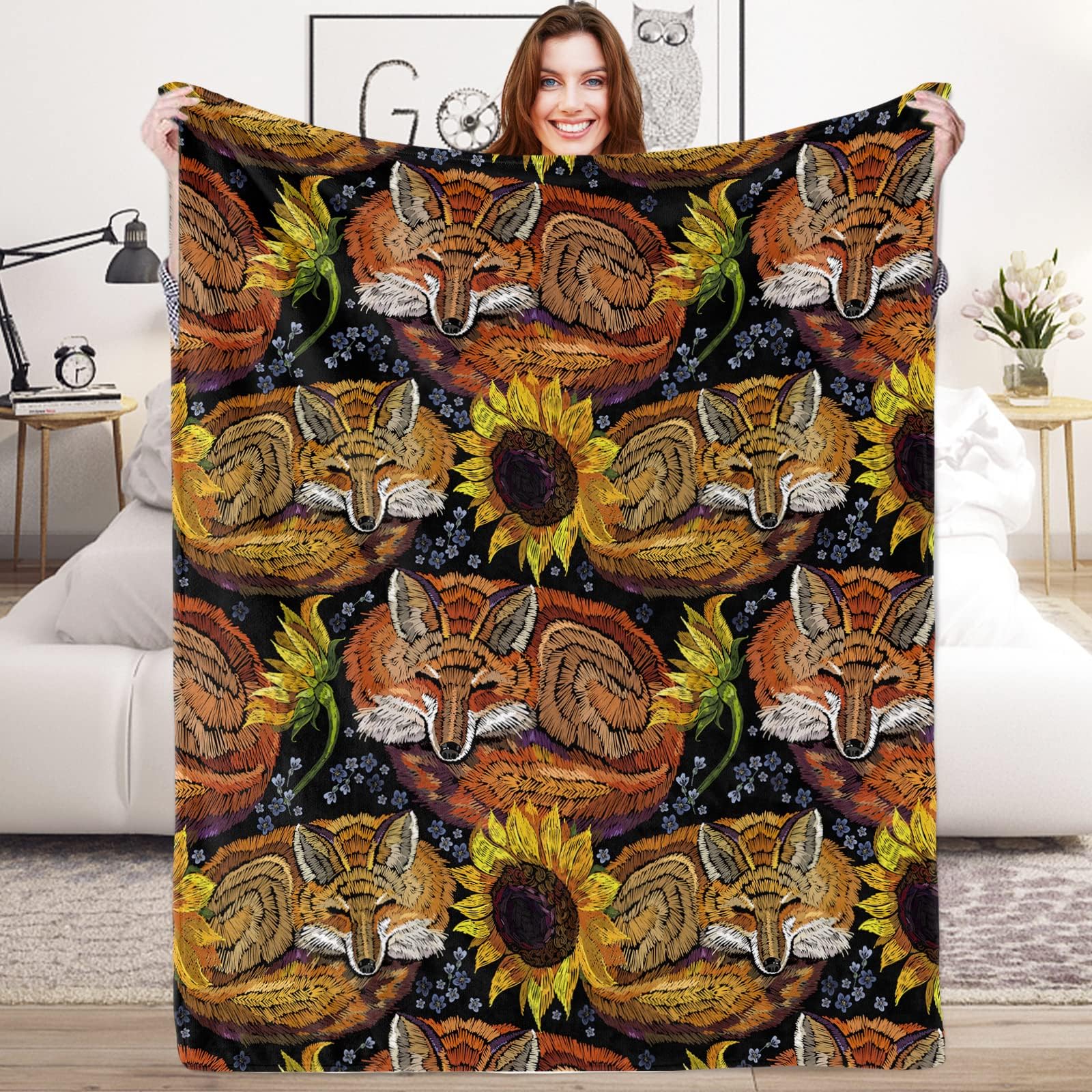 Lingqiang Sunflower Fox Throw Blanket Gifts for Girls, Embroidery and Floral Soft Cozy Plush Flannel Kids Bedroom, 100 x 130 cm Fleece Fluffy Women Couch Sofa, Black — image 1