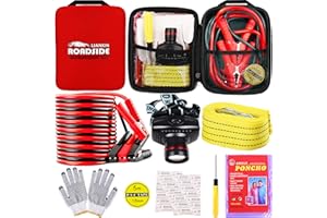 LIANXIN Car Roadside Emergency Kit, with Jumper Cables Automotive Kit,Car Safety Roadside Assistance Kit Headlamp,Tow Straps,Screwdrivers, Rainwear, Gloves.Red