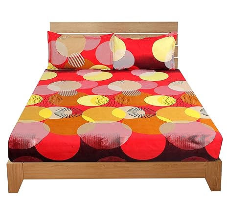 BSB Trendz Aura 3D Print Microfiber Wrinkle, Fade Resistant, Easy Elastic Fitting Ultra King Size Soft 3-Piece Bed Sheet Set, Fitted Sheet with 2 Pillow Cases-Yellow & Red