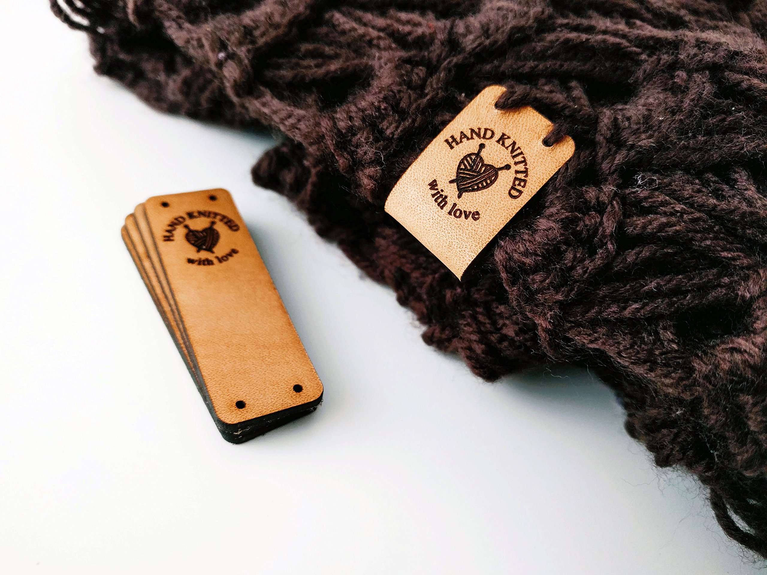 Handmade Leather Labels O3 "Hand Knitted with Love" | 15 pcs | Exclusive Engraved Genuine Italian Leather Tags