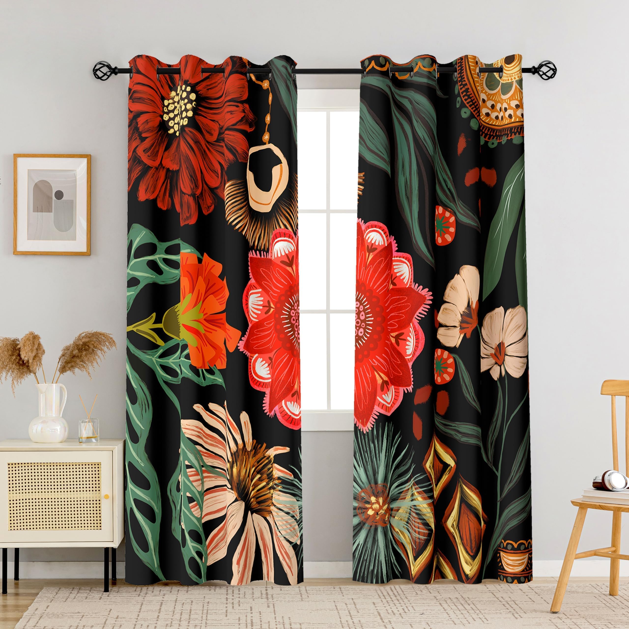 Tyrot Black Boho Floral 100% Blackout Curtains for Living Room 84 inch Long 2 Panels Mid Century ...