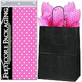 Flexicore Packaging Black Kraft Paper Gift Bags & Hot Pink Gift Wrap Tissue Paper | Size: 8 Inch X 4.75 Inch X 10.5 Inch | Count: 5 Bags | Color: Hot Pink Polka Dot