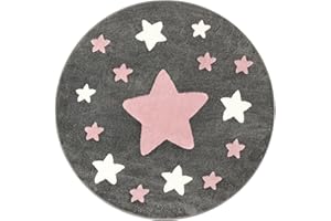 PACO HOME Rug for Kids Room & Nursery Starry Sky Star Pattern in Dark Gray Pink, Size: 5'3" Round