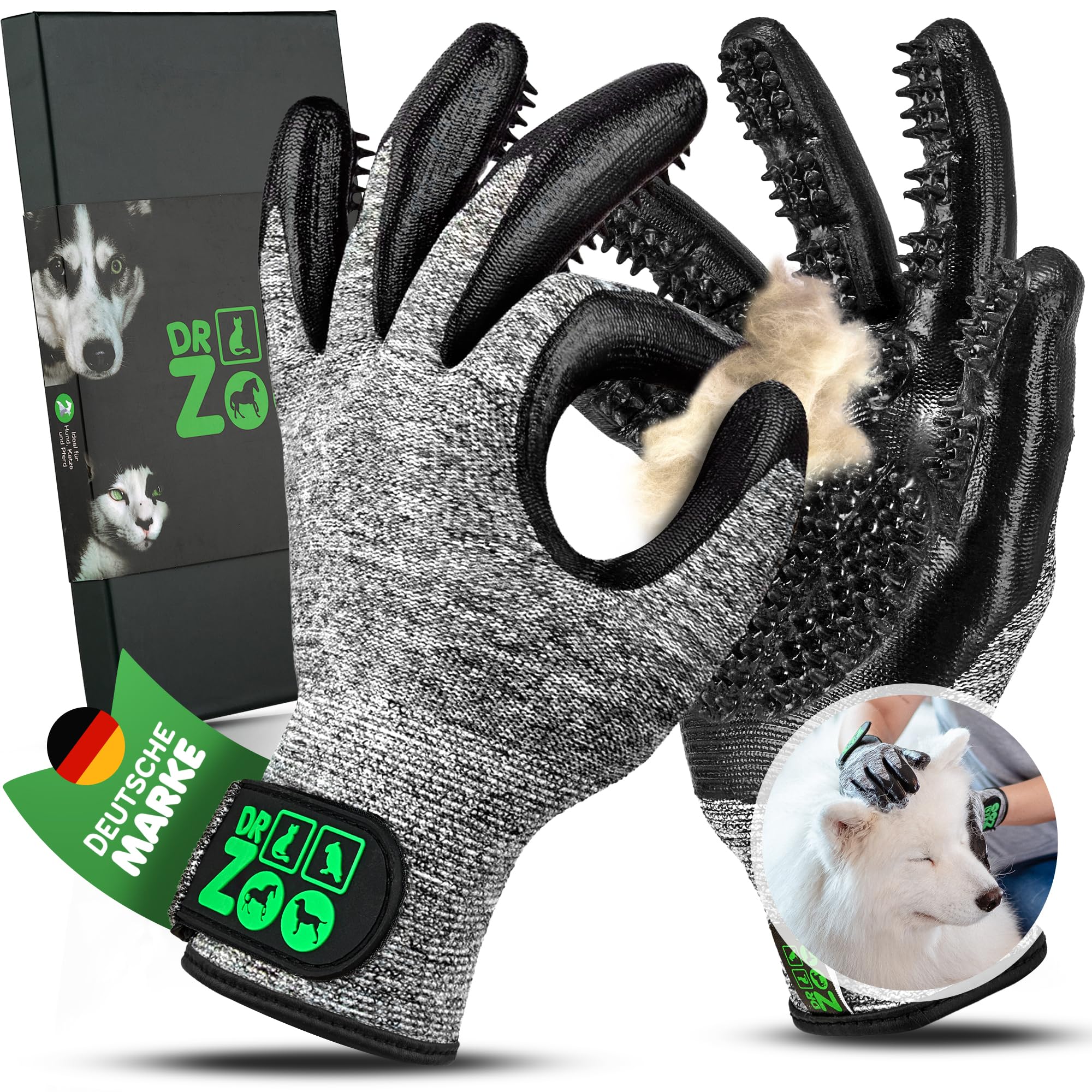 Dr. Zoo Professional grooming gloves; for any pet with short, medium and long hair; can be used as a dog/cat/horse brush or curry comb; grooming glove for removing cat/dog hair